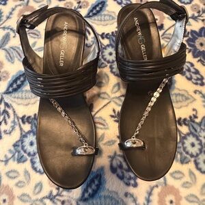 Andrew Geller Black Sandals with Silver Chain Detail